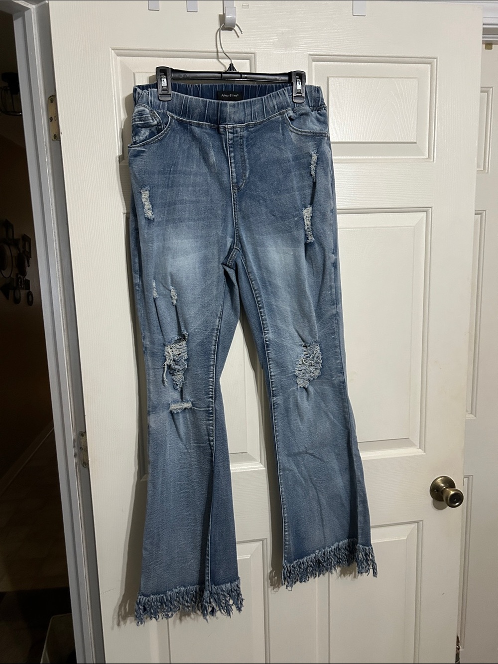 Ashley Stewart Light Blue Distressed Flare Jeans with Frayed Hem